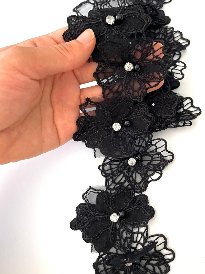 Buysk 2 Yards 3D Pearl Beads Flower Lace Trim Ribbon Floral Applique Embroidered Lace Fabric for Sewing DIY Crafts (Black) - Image 4